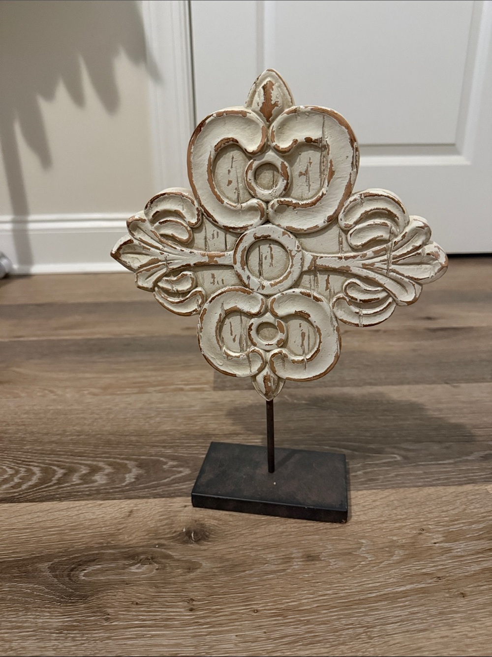 Distressed Cream Decorative Carved Wall Accent on Stand